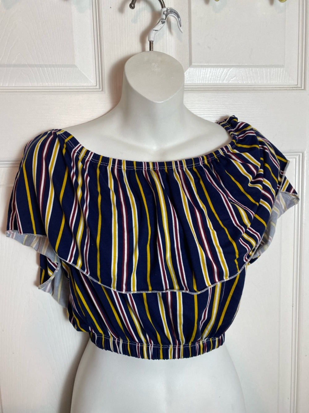 Off-Shoulder Navy Striped Ruffle Crop Top